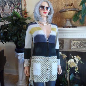 New Peter Pilotto 100% Extra Fine Wool Black Multi Striped Cardigan Size M
